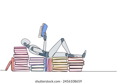 Single one line drawing robot lying down on a stack of books lined up. Relax while reading the fiction book. Enjoy the storyline. Book festival concept. Continuous line design graphic illustration
