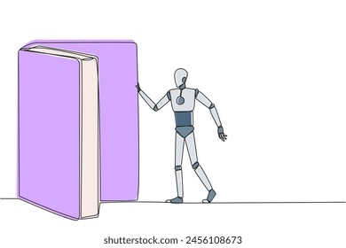 Single one line drawing robot open the book-shaped door. Book can open mind and see everywhere. Increase knowledge about the wider world. Book festival. Continuous line design graphic illustration