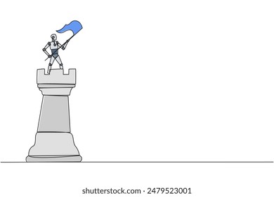 Single one line drawing robot future technology standing on top of big rook chess and waving a flag. Leader success concept. Successful business strategy. Continuous line design graphic illustration