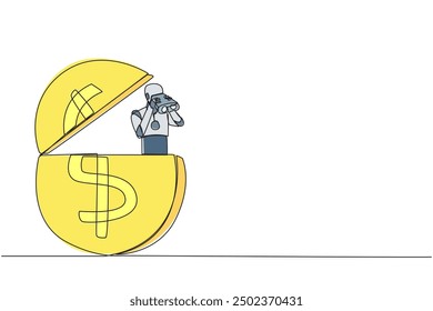 Single one line drawing a robot emerges from dollar symbol coin look for something with binocular. Scan. Analyzing needs during retirement. Preparation. Continuous line design graphic illustration