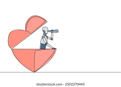Single one line drawing a robot emerges from shape of a heart look for something with binoculars. Scan. Analyzing social sensitivity. Unfair business. Continuous line design graphic illustration