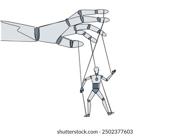 Single one line drawing the robot walks by being moved by ropes controlled by a giant hand above. Doesn't have firm attitude. Technology error. AI concept. Continuous line design graphic illustration