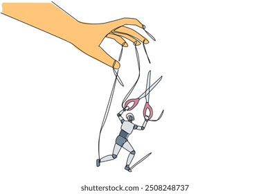 Dibujo de una sola línea de robot caminando movido por cuerdas controladas por manos gigantes. Libérate con unas tijeras. Inteligencia artificial que proporciona beneficios. Ilustración gráfica de diseño de línea continua