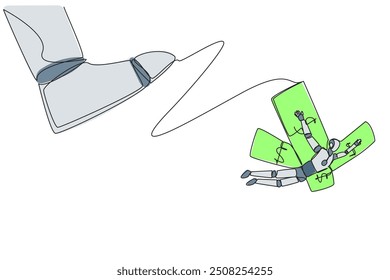 Single one line drawing robot flying using banknote wing. Promising robot business. Advanced technology. Future artificial intelligence development concept. Continuous line design graphic illustration
