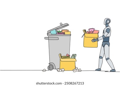 Single one line drawing robot carrying a cardboard box full of piles of paper to the trash. Robots care about cleanliness. Future artificial intelligence. Continuous line design graphic illustration