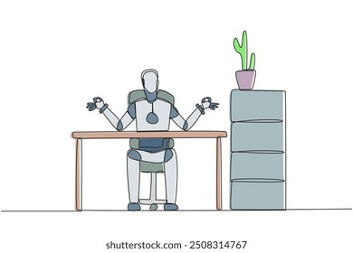 Einzeiliger Zeichnungsroboter, der in einem Arbeitsstuhl sitzt, mit abgerundeten Fingern. Roboter brauchen ein Gefühl der Ruhe. Verbesserung der programmierten künstlichen Intelligenz. Grafische Illustration zum Liniendesign