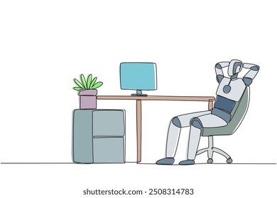 Single one line drawing robot sitting in work chair with his hands behind his head. Relax. See the programming process for making other robots. Technology. Continuous line design graphic illustration
