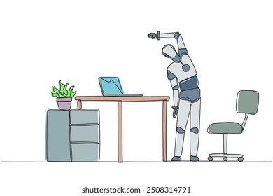 Single one line drawing robot stands while raising one hand and tilting body. A robot that is smart at exercising. Artificial intelligence. Future tech. Continuous line design graphic illustration