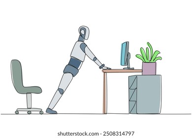 Single one line drawing robot do push up movements by holding edge of work table. Tutorial robots. Provide guidance on how to exercise while in the office. Continuous line design graphic illustration