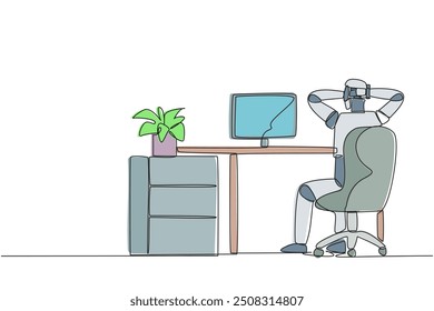 Single one line drawing robot sitting in chair with his hands holding the back of head. Take a break. Monitor test results. Reading the bug. Future tech AI. Continuous line design graphic illustration