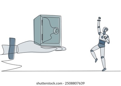 Single one line drawing a robot excited to get a safe deposit box from a giant hand. The safest storage. Saving artificial intelligence trials. Technology. Continuous line design graphic illustration