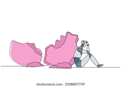 Single one line drawing a robot sit slump next to a large, destroyed big piggy bank. Artificial intelligence is in danger of failing. Bankrupt. Future tech. Continuous line design graphic illustration
