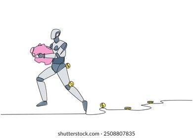 Single one line drawing a robot running while carrying a piggy bank with coins scattered around. Helps maintain profits. Artificial intelligence technology. Continuous line design graphic illustration
