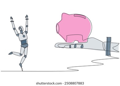 Single one line drawing a robot happy to get a piggy bank from giant hand. Invest in algorithm testing. Artificial intelligence is increasing. Future tech. Continuous line design graphic illustration