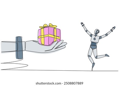 Una sola línea dibujando un robot emocionado para obtener la caja de regalo de la mano gigante. Éxito. Un regalo memorable como un robot inteligente. Desarrollo futuro de la tecnología. Ilustración gráfica de diseño de línea continua