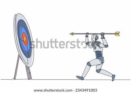 Single one line drawing robot point big arrow on target. Goal achievement. Future technology development. Artificial intelligence and machine learning. Continuous line draw design vector illustration