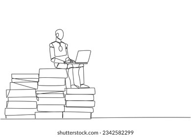 Single one line drawing robotic artificial intelligence sitting on pile of giant documents typing laptop. Robot scanning old documents to save in soft copy format. Continuous line graphic illustration