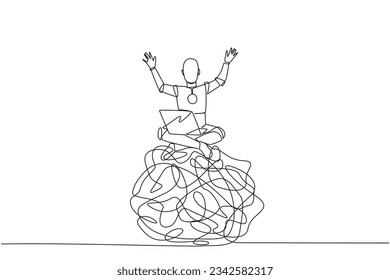 Single one line drawing robotic artificial intelligence sitting on giant tangled circle holding laptop raise both hands. Anti-anxiety robot. Future tech. Continuous line design graphic illustration