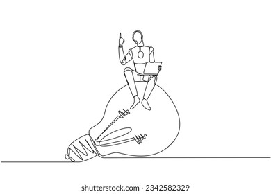 Single one line drawing robotic artificial intelligence sitting on giant lightbulb holding laptop raise one hand. Future technology development concept. Continuous line design graphic illustration