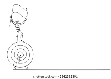 Single one line drawing of robotic artificial intelligence standing on giant arrow target board holding fluttering flag. Train the robot become entrepreneur. Continuous line graphic illustration