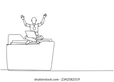 Single one line drawing robotic artificial intelligence sitting on giant folder holding laptop raise both hands. Robot restore data in folder was attacked by hackers. Continuous line design graphic