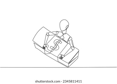 Single one line drawing robotic hugging pile of banknotes. Automatic scanning prevents misuse of money. Future artificial intelligence technology concept. Continuous line design graphic illustration