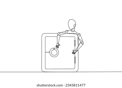 Caja de seguridad para abrazos robóticos de una sola línea de dibujo. Agregar capa para hacerlo más seguro. Cifrar datos. Concepto futuro de desarrollo tecnológico. Tecnología de IA. Ilustración gráfica de diseño de línea continua