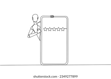 Single one line drawing robotic stands behind giant smartphone, but head and body appear and hands give thumbs up gesture. Online shop concept. Review 5 star. AI tech. Continuous line design graphic