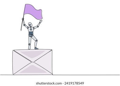 Single one line drawing of robotic artificial intelligence standing on giant email icon holding fluttering flag. Concept robots reply to emails. Chatbots. Continuous line design graphic illustration