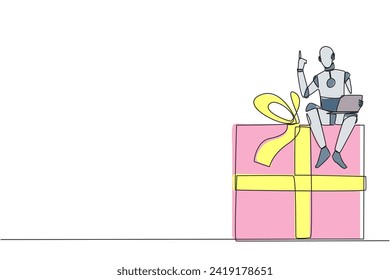 Single one line drawing robotic artificial intelligence sitting on giant gift box holding laptop raise one hand. Robots like humans. Likes to give gifts. Continuous line design graphic illustration