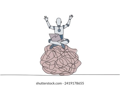 Single one line drawing robotic artificial intelligence sitting on giant tangled circle holding laptop raise both hands. Anti-anxiety robot. Future tech. Continuous line design graphic illustration