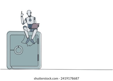 Single one line drawing robotic artificial intelligence sitting on giant safe deposit box holding laptop raise one hand. Robots also have a role to guard valuable items. Continuous line design graphic