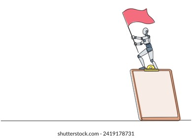 Single one line drawing of robotic artificial intelligence standing on giant clipboard holding fluttering flag. Future technology robot development concept. Continuous line design graphic illustration