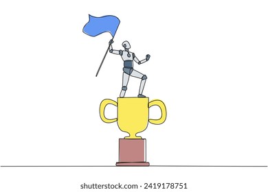 Single one line drawing of robotic artificial intelligence standing on big trophy holding fluttering flag. Future technology development. Machine learning. Continuous line design graphic illustration