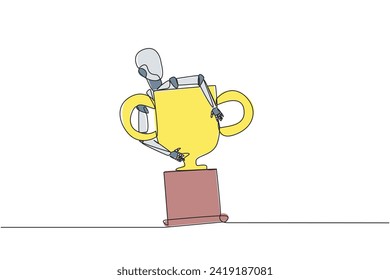Trofeo de abrazo robótico de una sola línea. El ganador de la ingeniería suave es un robot inteligente. Inteligencia artificial de la tecnología. Tecnología futura. Ilustración gráfica de diseño de línea continua
