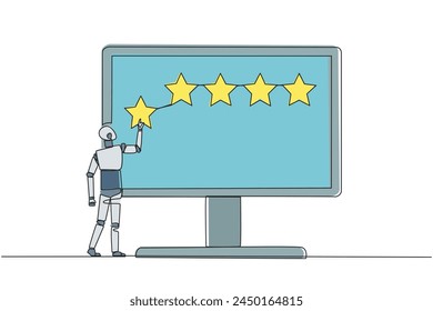 Single one line drawing robotic standing and trying to stick one star on big monitor. Giving 5 star feedback. Giving stars quality result. Giving review. Continuous line design graphic illustration