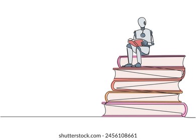 Single one line drawing robotic sitting on pile of books reading book. High interest in reading. Opening horizon of thinking. Tech book festival concept. Continuous line design graphic illustration