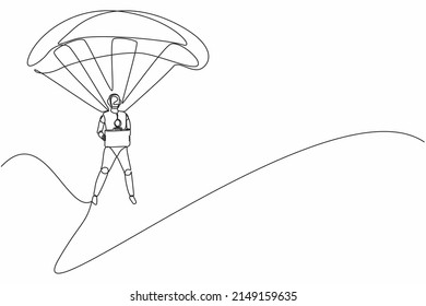 Robots de dibujo de una sola línea saltan con paracaídas y sostienen maletín. Robot humanoide organismo cibernético. Concepto futuro de desarrollo robótico. Ilustración vectorial de diseño de línea continua