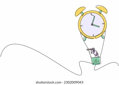 Robots de dibujo de una sola línea en globo de aire caliente con reloj despertador mirando con telescopio o monocular. Tecnología moderna de inteligencia artificial robot. Ilustración vectorial de dibujo de línea continua