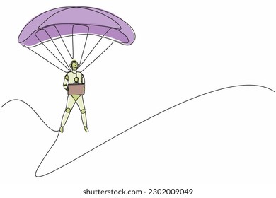 Single one line drawing robots jump with parachute and holding briefcase. Humanoid robot cybernetic organism. Future robotics development concept. Continuous line design graphic vector illustration