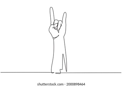 Single one line drawing rock on gesture symbol. Heavy metal hand gesture. Nonverbal signs or symbols. Hand variation shape concept. Modern continuous line draw design graphic vector illustration