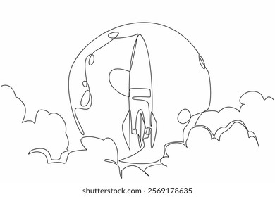 Single one line drawing rocket flies in the middle of moon. Purpose of the expedition. Exploring the mysteries of the ever dark moon. National Space Day. Continuous line design graphic illustration