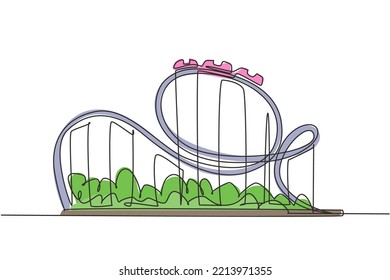 Dibujo de una sola línea de una montaña rusa en un parque de atracciones con una pista alta en el cielo. Viajes extremos muy populares entre los jóvenes. Gráfico de diseño de trazos de una línea, ilustración vectorial