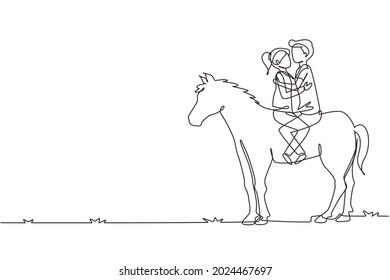 Single one line drawing romantic couple in love riding horse. Happy couple getting ready for wedding. Engagement and love relation. Modern continuous line draw design graphic vector illustration
