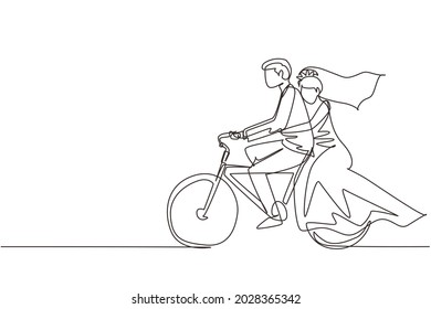 Single one line drawing romantic married couple. Man wearing suit and woman with wedding dress are riding bicycle together. Intimacy celebrates wedding day. Continuous line draw design graphic vector