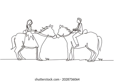 Single one line drawing romantic married couple in love riding horse at desert. Man and woman ride horse wearing wedding dress. Engagement and love relation. Continuous line draw design graphic vector
