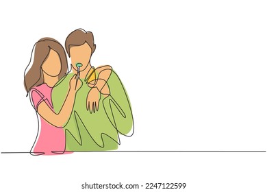 Single one line drawing romantic woman feeding husband for breakfast. Celebrate wedding anniversaries and enjoy romantic moment at home. Modern continuous line draw design graphic vector illustration