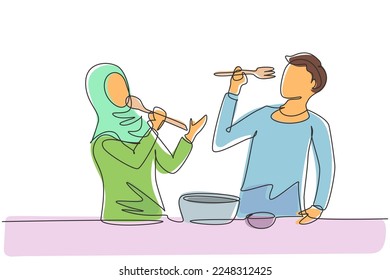 Single one line drawing romantic Arabian couple singing while cooking together, using spoon and fork as microphones. Kitchen fun concept. Modern continuous line draw design graphic vector illustration