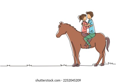 Una sola línea dibujando pareja romántica en el amor montando caballo. Feliz pareja preparándose para la boda. Compromiso y relación de amor. Ilustración de líneas continuas moderna de diseño gráfico vectorial