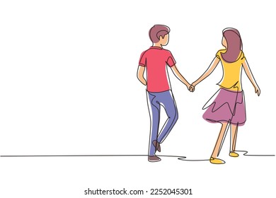 Single one line drawing romantic young couple in love hand in hand. Couple in love spending time together at park. Happy family concept. Modern continuous line draw design graphic vector illustration